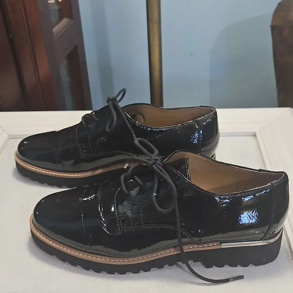 Franco Sarto Charles Black Patent Leather Lug Sole Oxford Shoes Size 6.5M